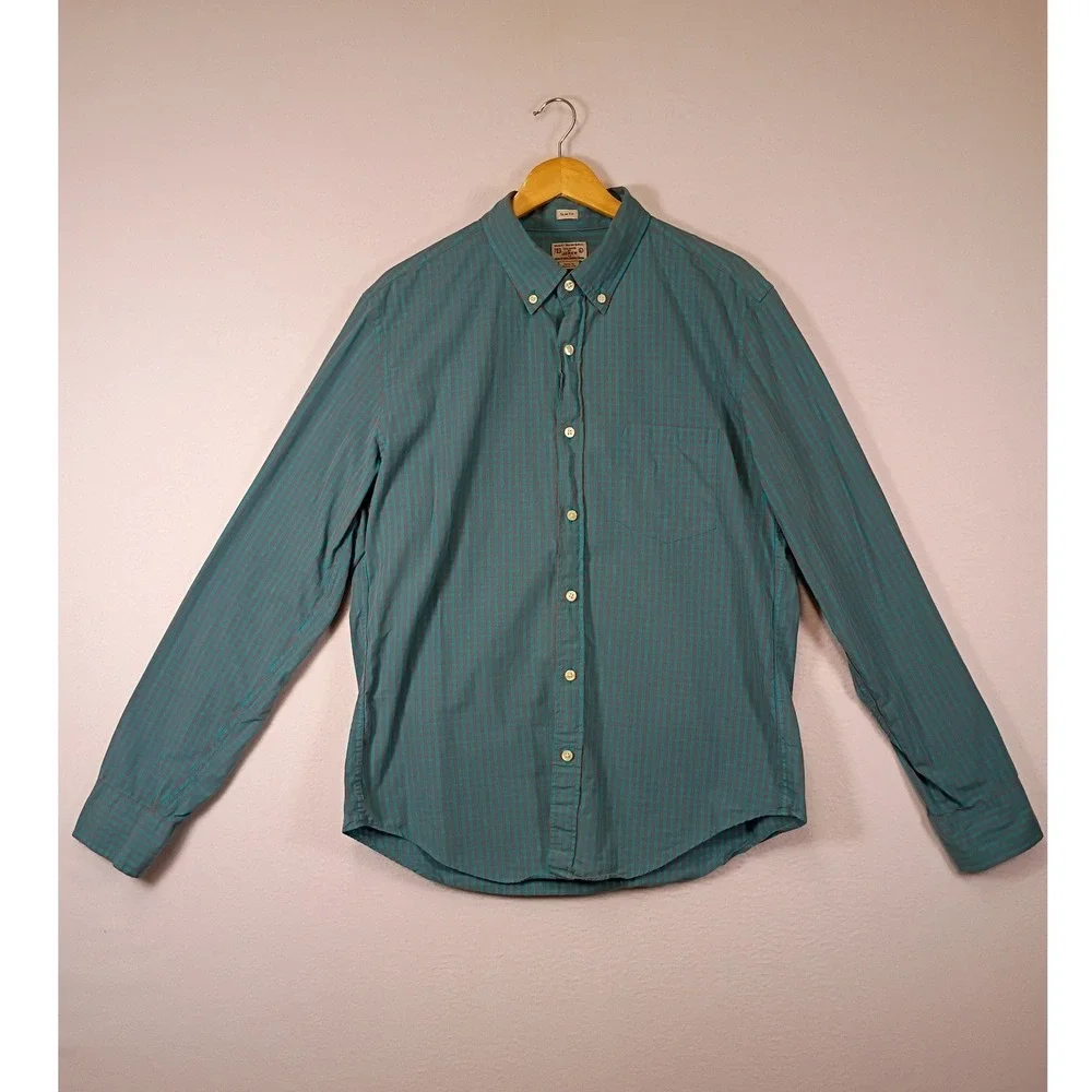 Preppy J.Crew Mens Large Teal Micro-Check Slim Fit Cotton Button Down Shirt